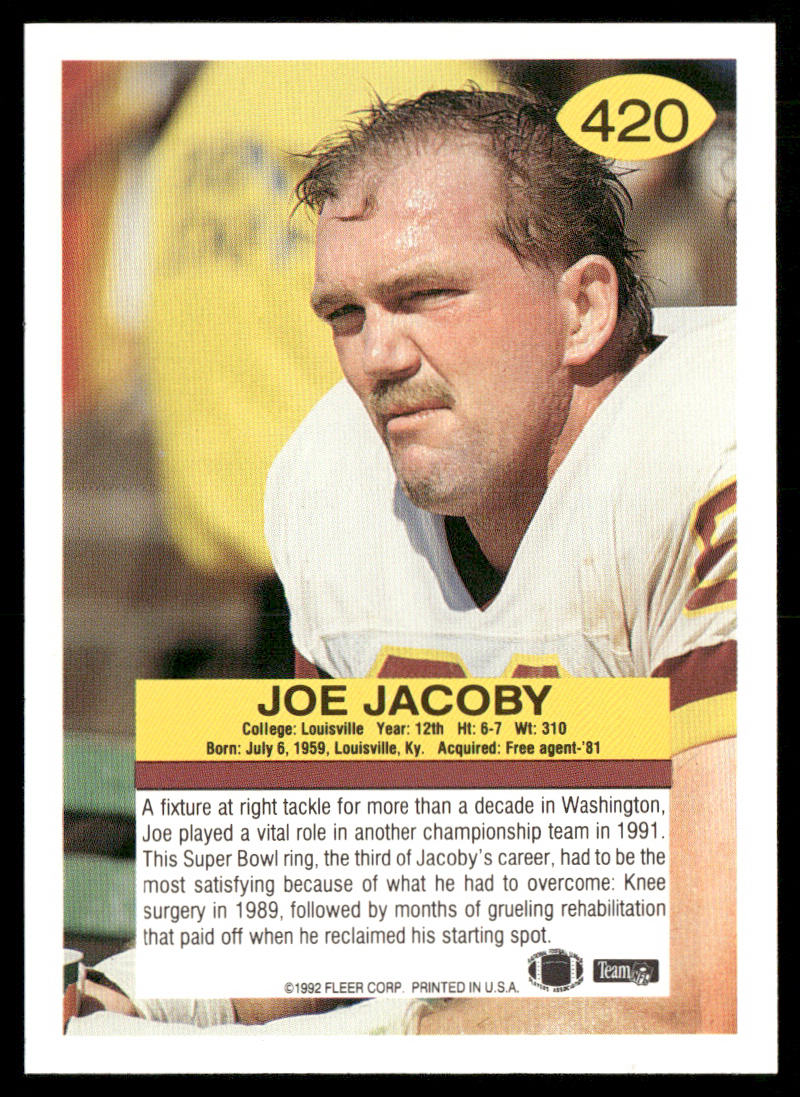 Joe Jacoby 1992 Fleer #420 Washington Redskins