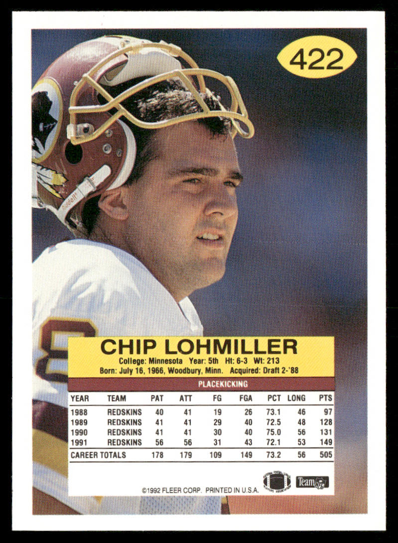 Chip Lohmiller 1992 Fleer #422 Washington Redskins