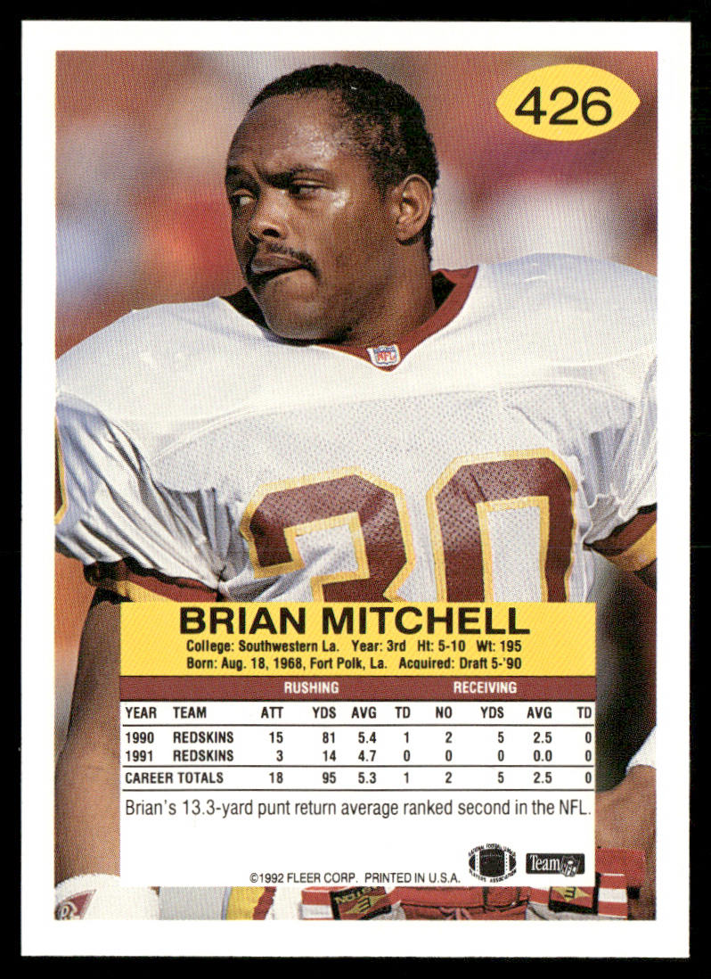 Brian Mitchell 1992 Fleer #426 Washington Redskins