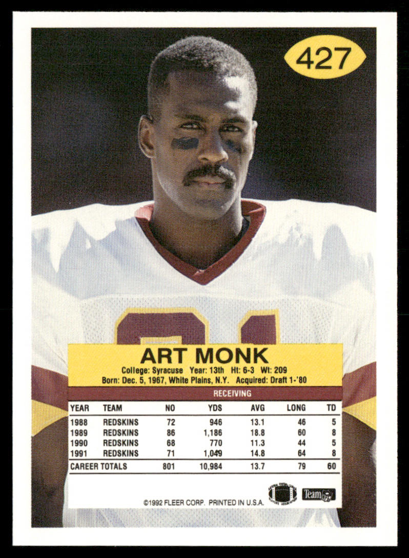 Art Monk 1992 Fleer #427 Washington Redskins