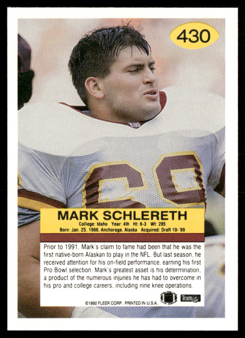Mark Schlereth 1992 Fleer #430 RC Washington Redskins
