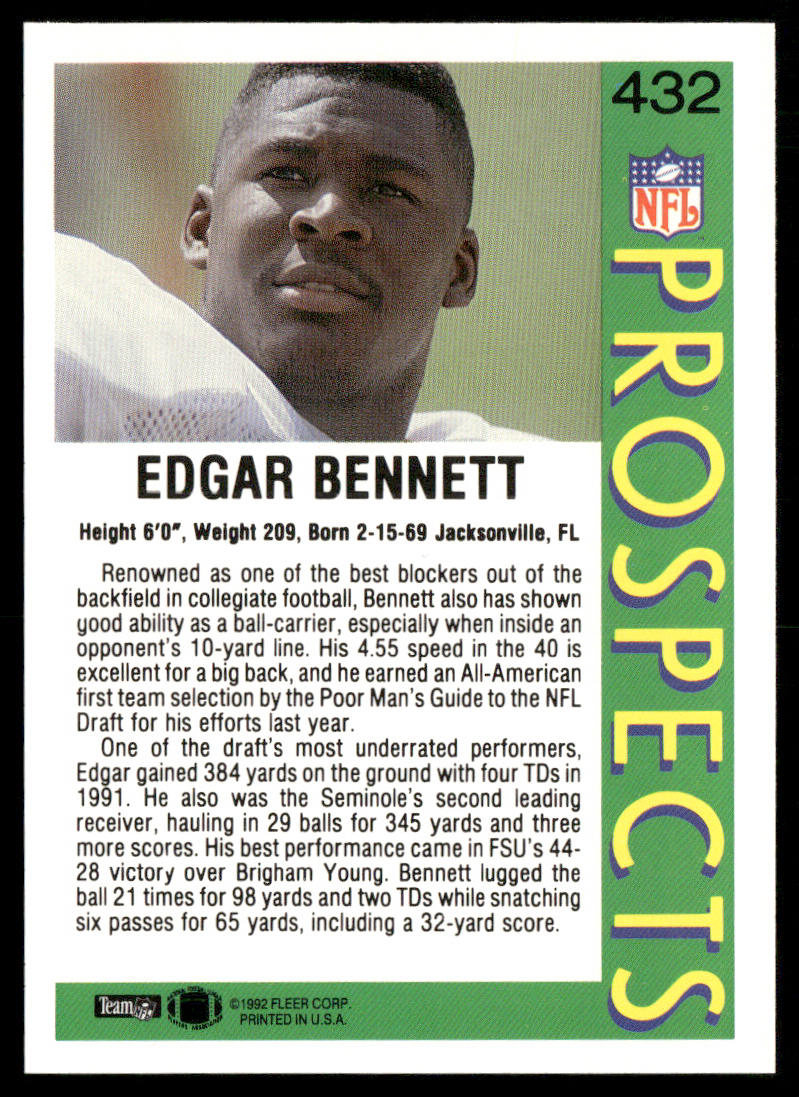 Edgar Bennett 1992 Fleer #432 RC Florida State Seminoles