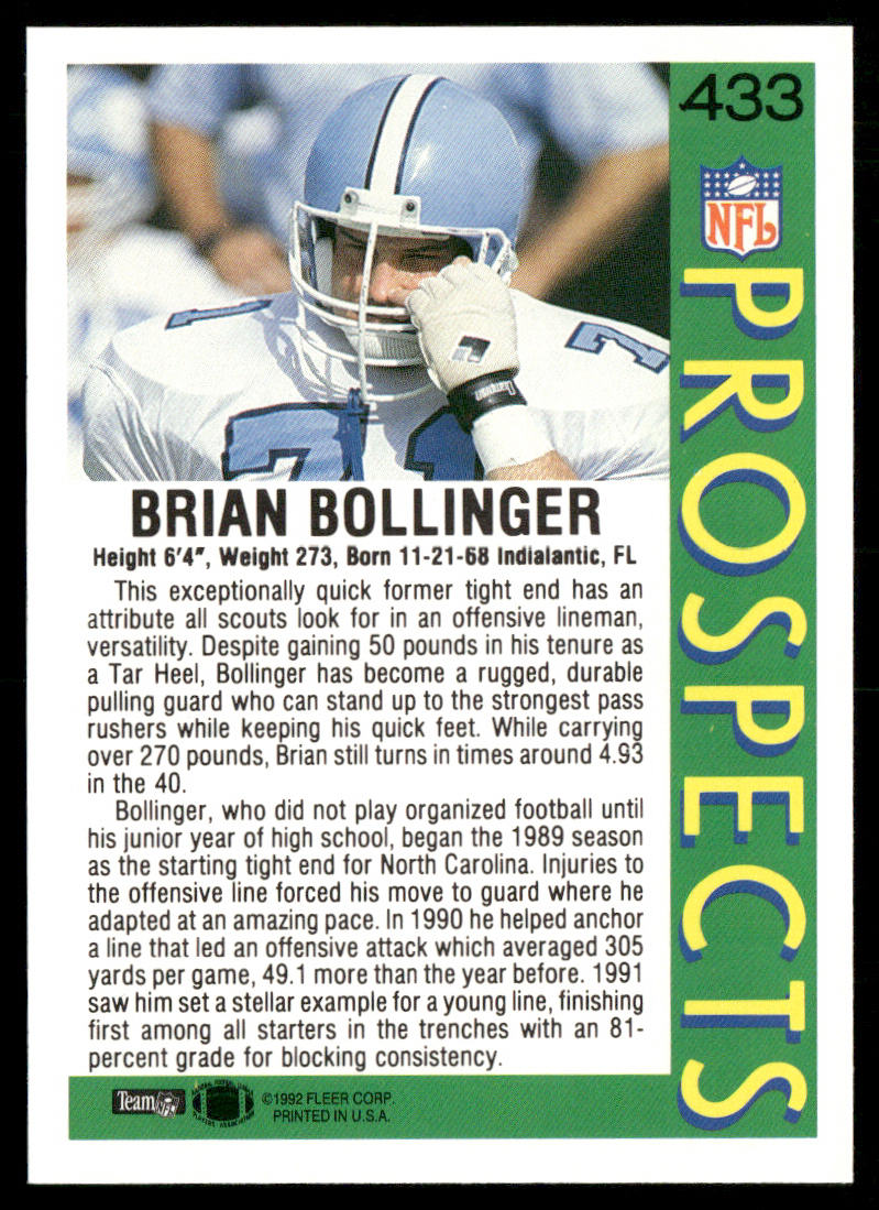 Brian Bollinger 1992 Fleer #433 RC North Carolina Tar Heels