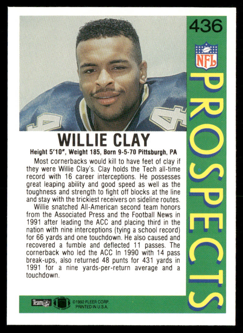 Willie Clay 1992 Fleer #436 RC Georgia Tech Yellow Jackets
