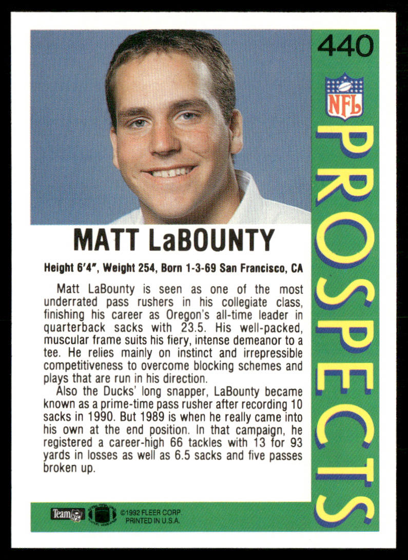 Matt LaBounty 1992 Fleer #440 RC Oregon Ducks