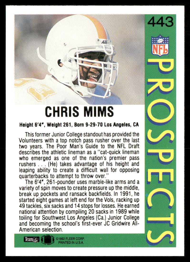 Chris Mims 1992 Fleer #443 RC Tennessee Volunteers