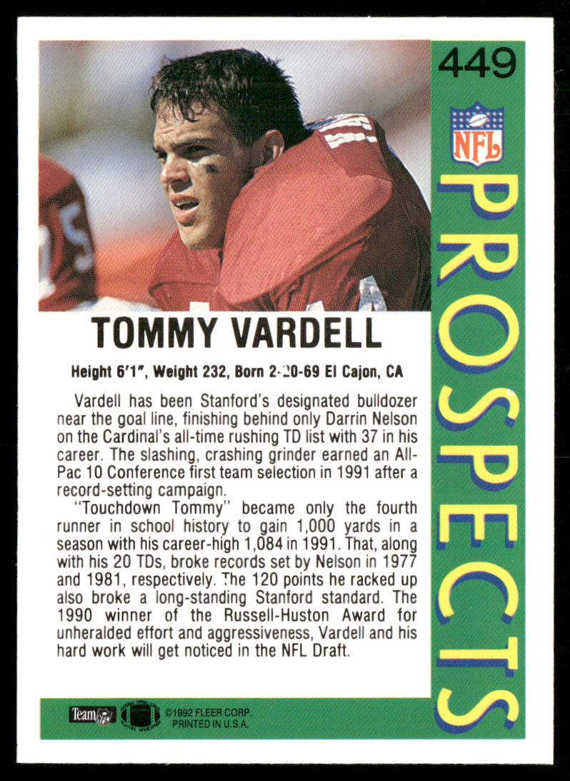 Tommy Vardell 1992 Fleer #449 RC Stanford Cardinal