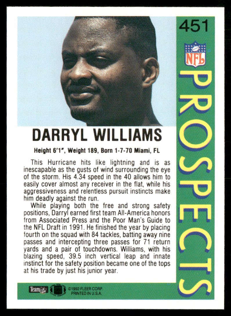 Darryl Williams 1992 Fleer #451 RC Miami Hurricanes