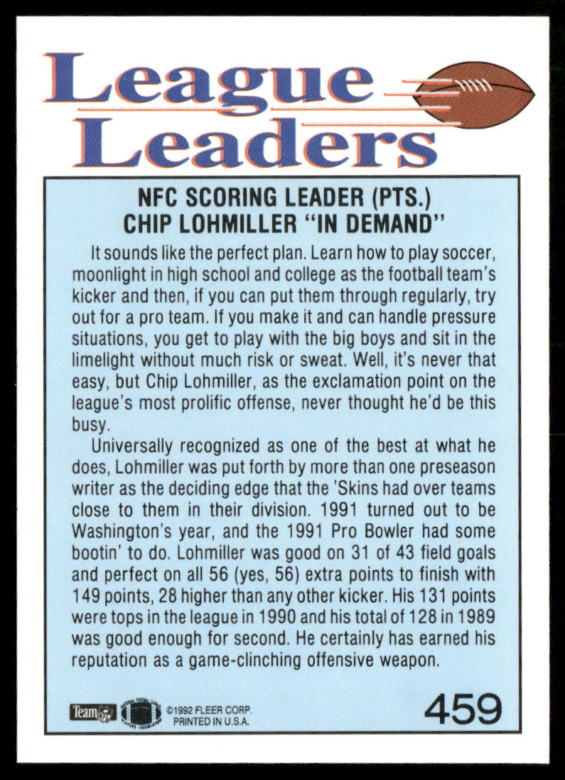 Chip Lohmiller 1992 Fleer #459 Washington Redskins