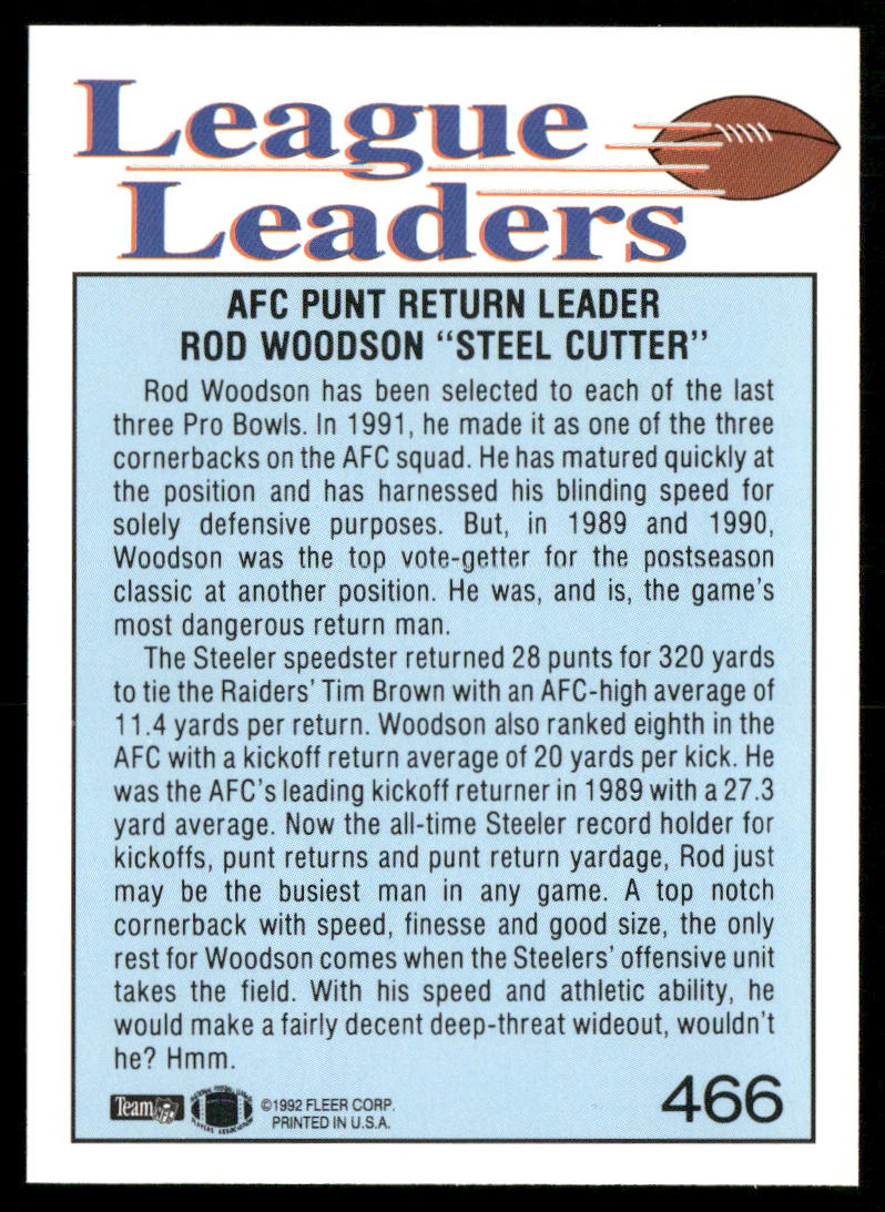 Rod Woodson 1992 Fleer #466 Pittsburgh Steelers