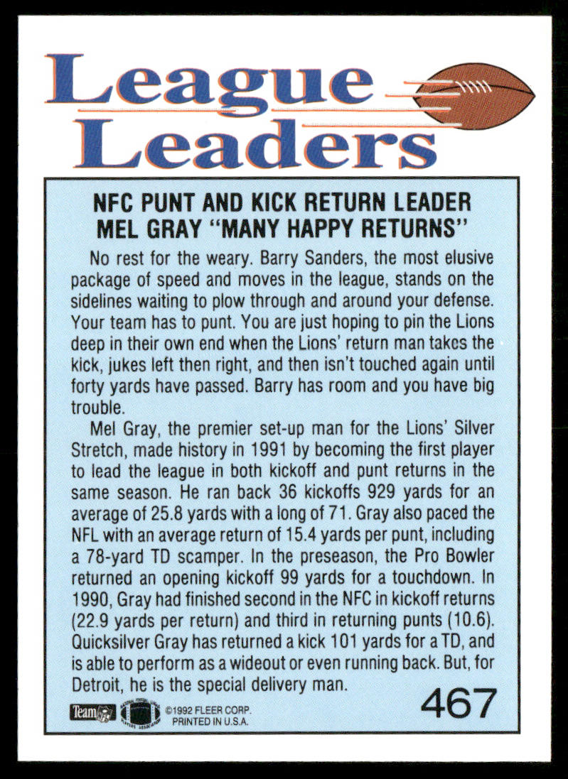 Mel Gray 1992 Fleer #467 Detroit Lions
