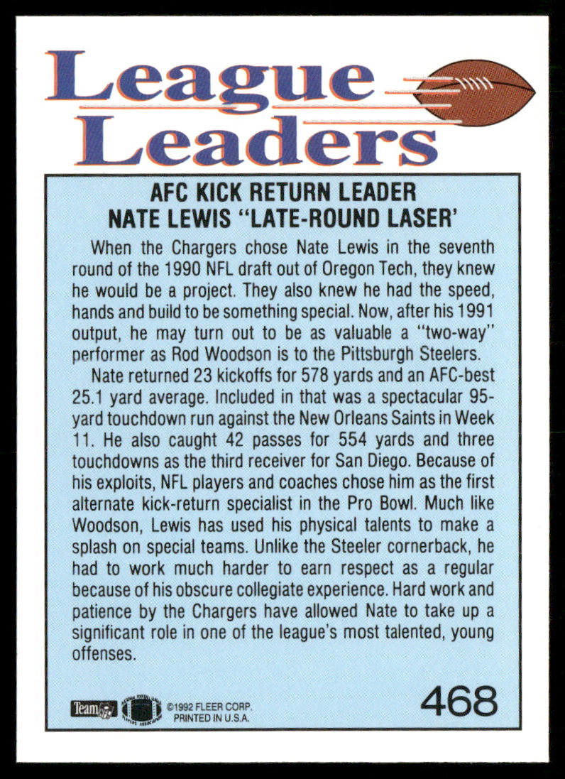 Nate Lewis 1992 Fleer #468 San Diego Chargers