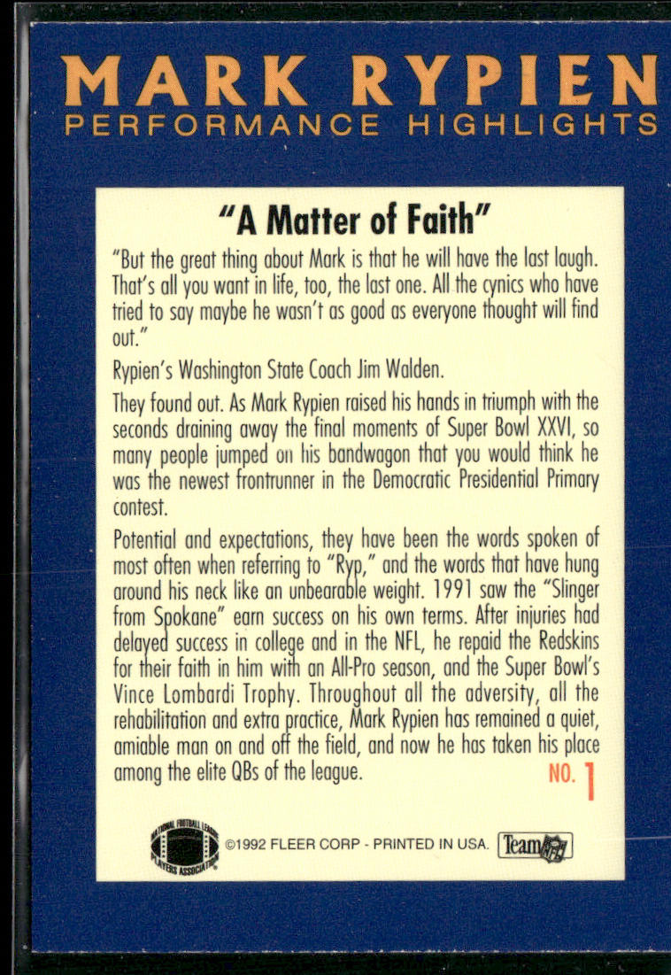 Mark Rypien 1992 Fleer Mark Rypien: Performance Highlights #1 Redskins
