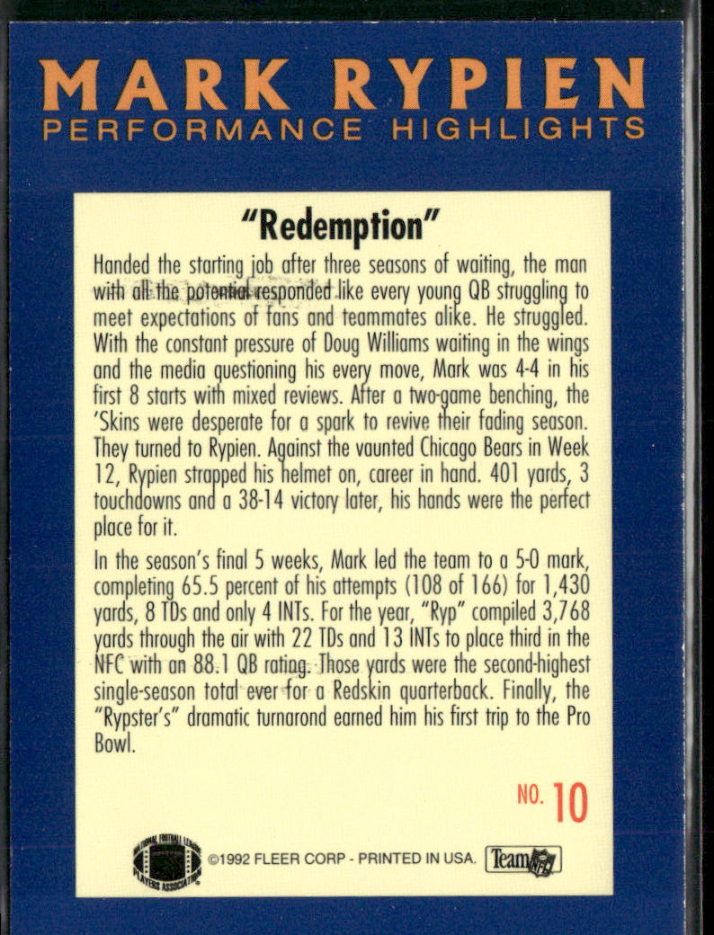 Mark Rypien 1992 Fleer Mark Rypien: Performance Highlights #10 Redskins