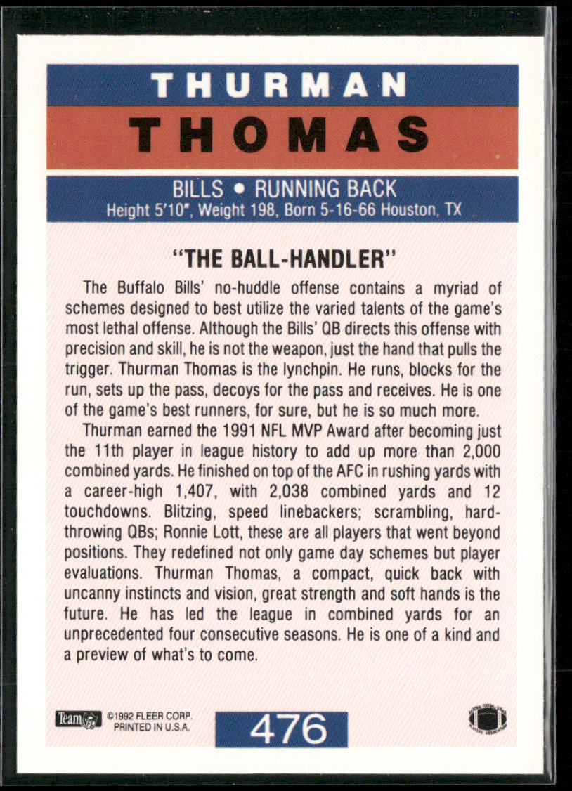 Thurman Thomas 1992 Fleer #476 Buffalo Bills
