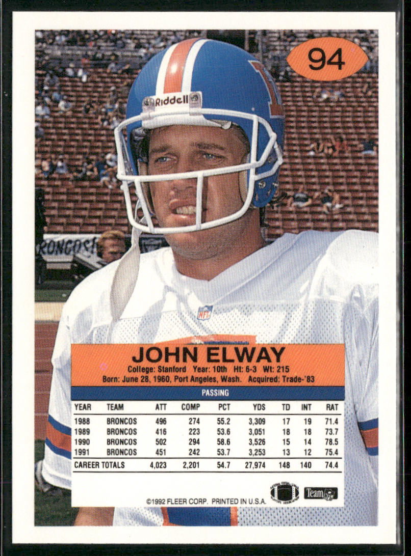 John Elway 1992 Fleer #94 Denver Broncos