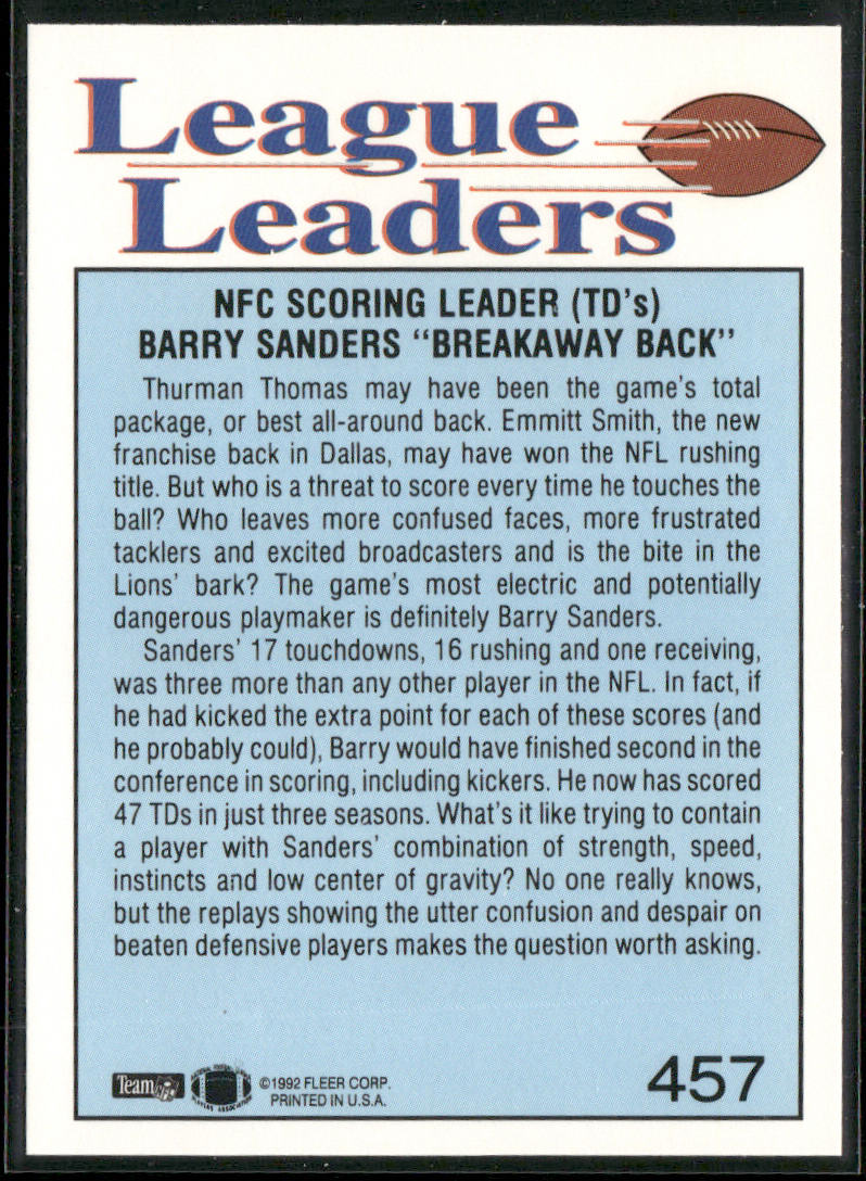 Barry Sanders 1992 Fleer #457 Detroit Lions