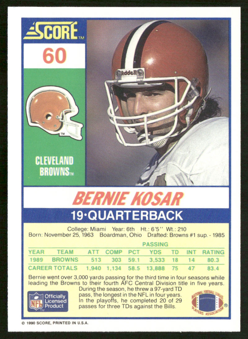 Bernie Kosar 1990 Score #60 Cleveland Browns