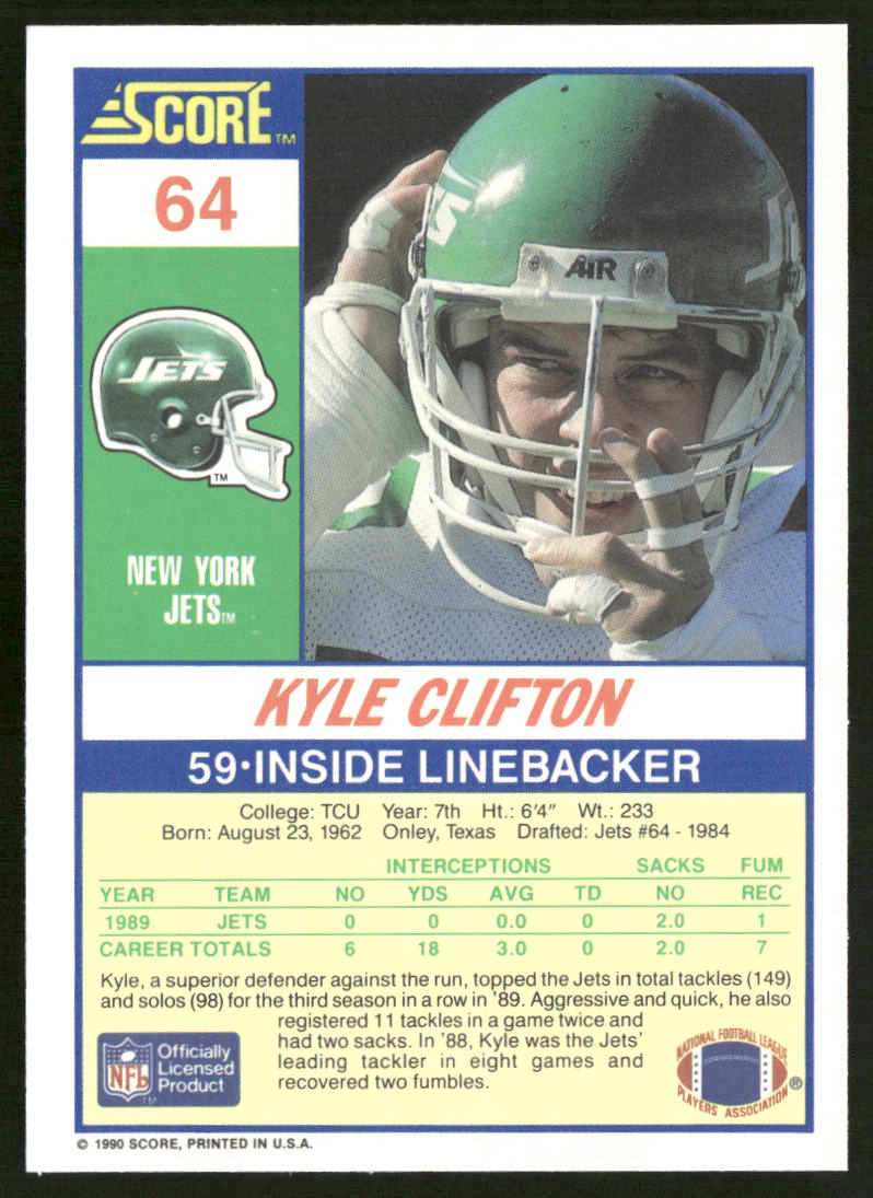 Kyle Clifton 1990 Score #64 New York Jets