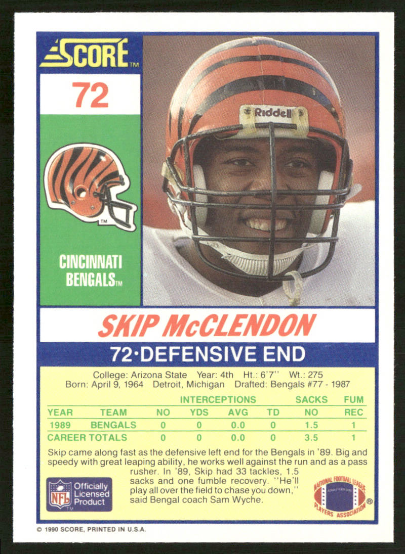 Skip McClendon 1990 Score #72 RC Cincinnati Bengals
