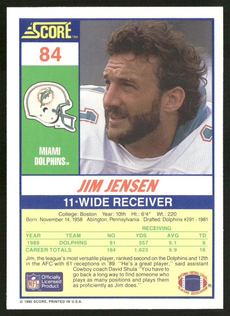 Jim Jensen 1990 Score #84 Miami Dolphins