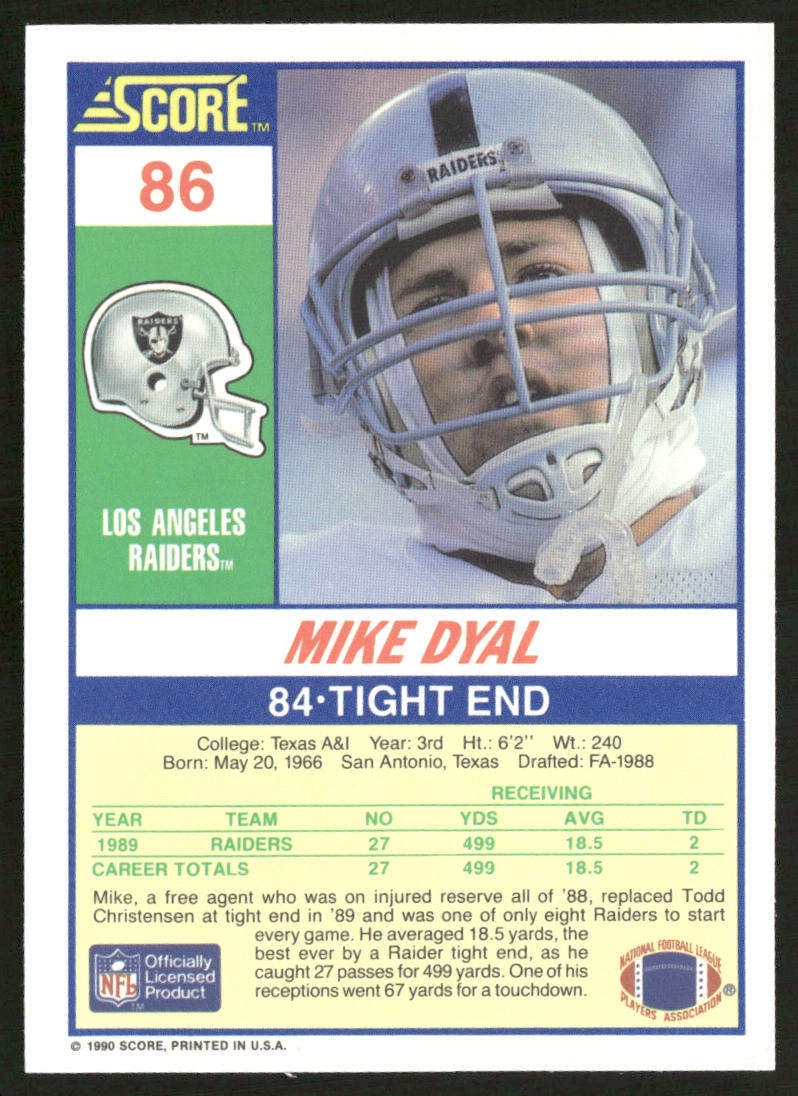 Mike Dyal 1990 Score #86 RC Los Angeles Raiders