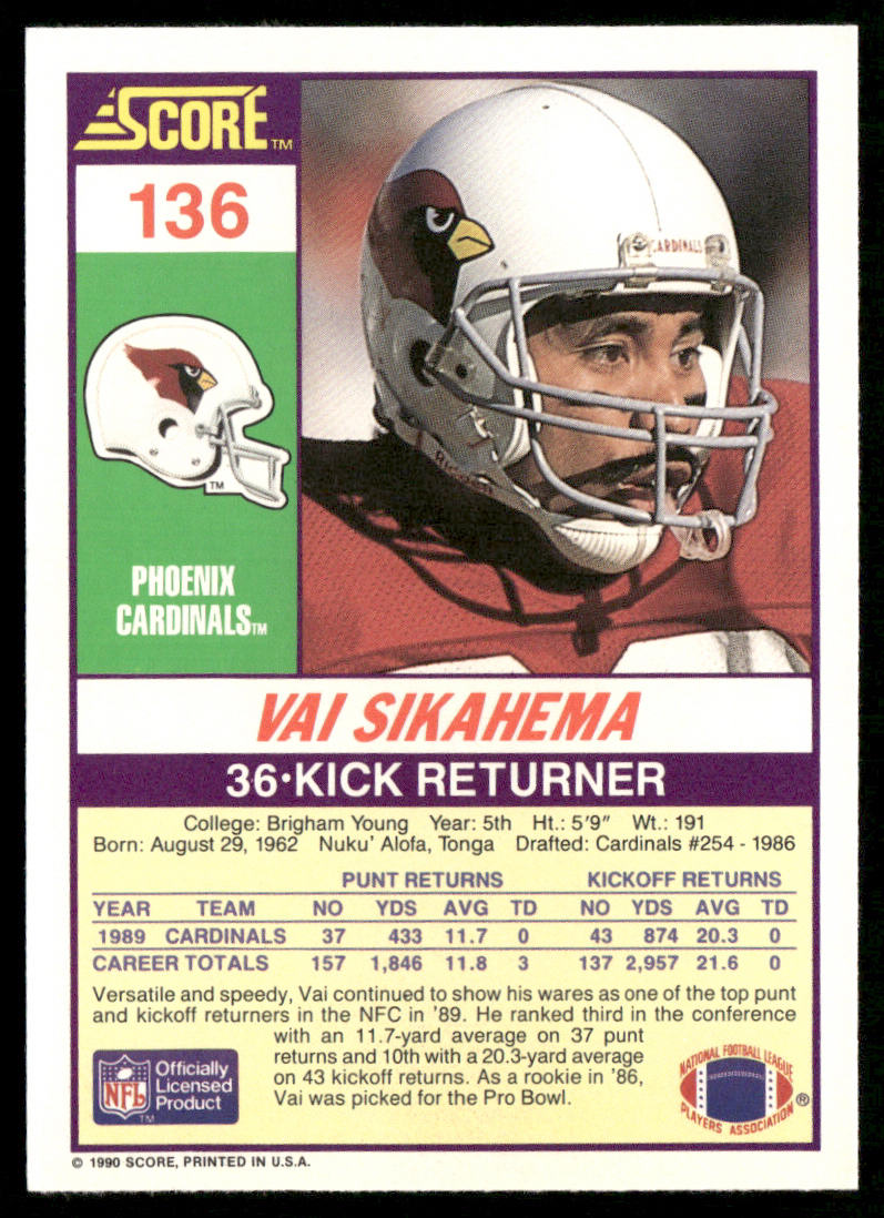Vai Sikahema 1990 Score #136b Not wearing helmet in back photo Phoenix Cardinals