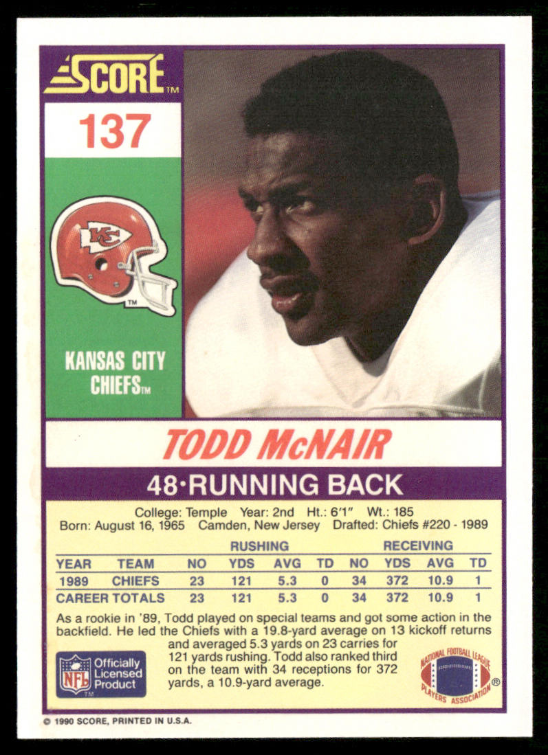 Todd McNair 1990 Score #137 RC Kansas City Chiefs