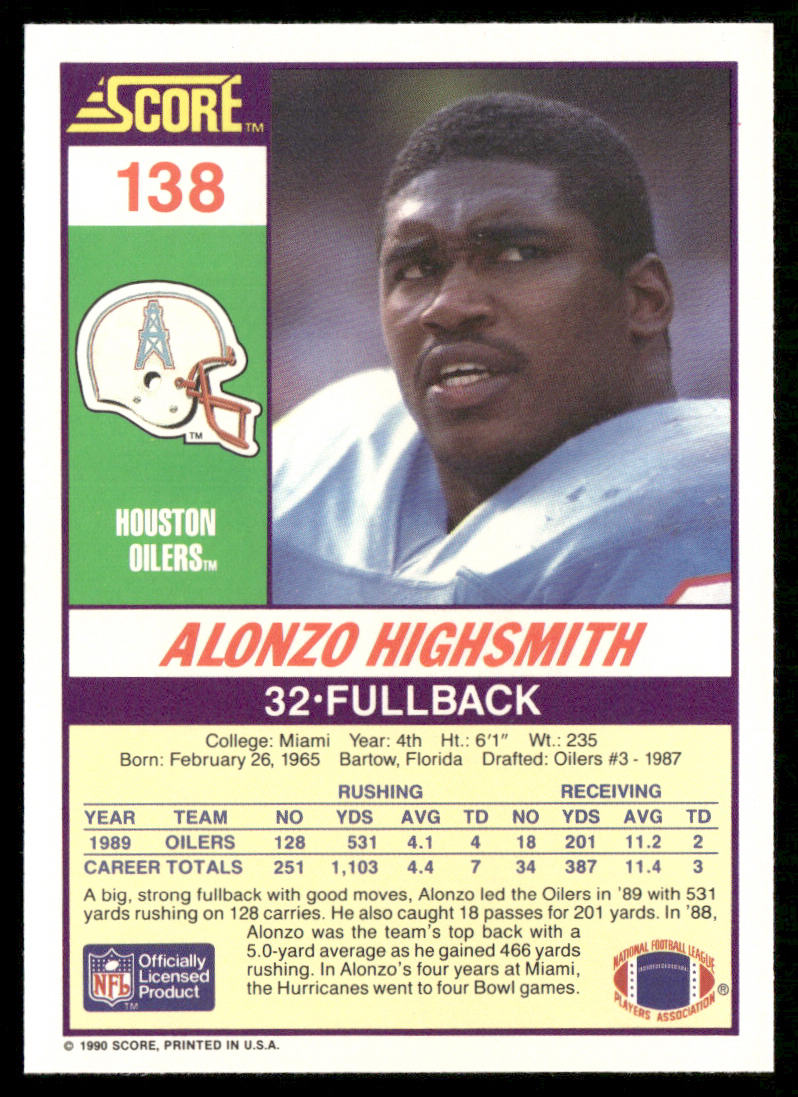 Alonzo Highsmith 1990 Score #138 Houston Oilers