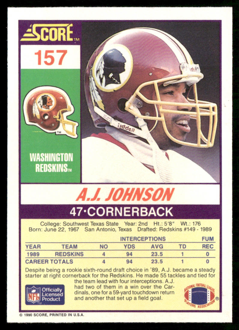 A.J. Johnson 1990 Score #157 RC Washington Redskins