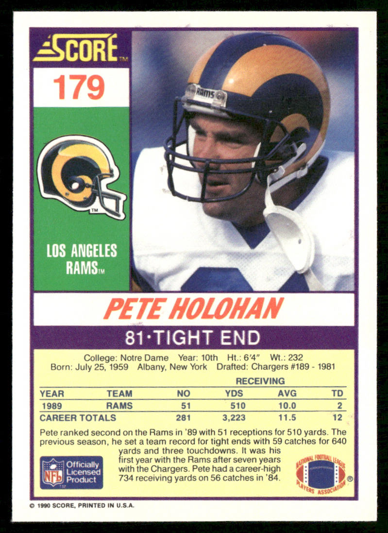 Pete Holohan 1990 Score #179 Los Angeles Rams
