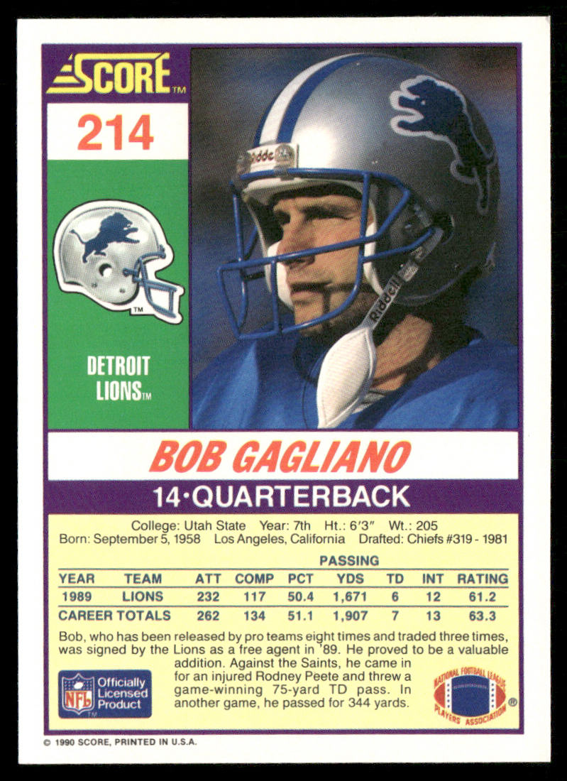 Bob Gagliano 1990 Score #214 RC Detroit Lions