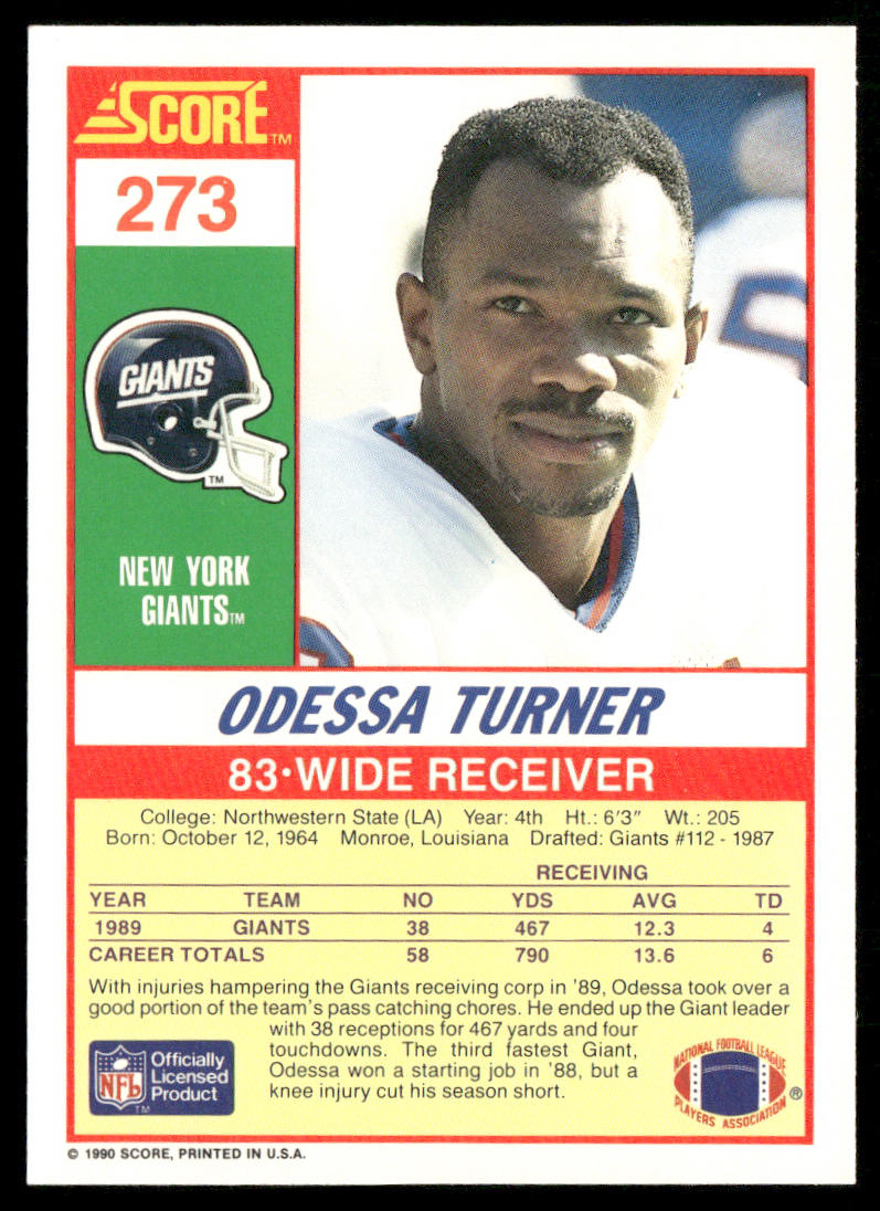 Odessa Turner 1990 Score #273 RC New York Giants