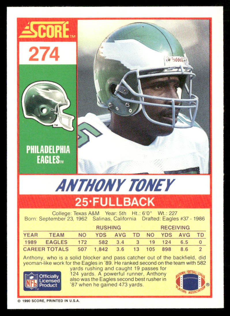 Anthony Toney 1990 Score #274 Philadelphia Eagles
