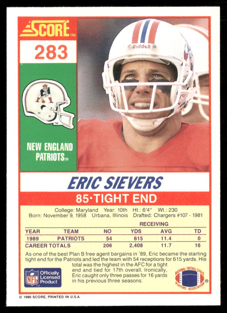 Eric Sievers 1990 Score #283 RC New England Patriots