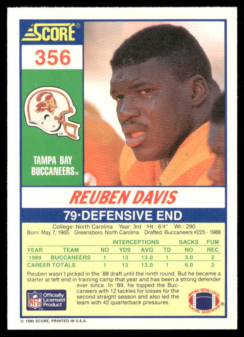 Reuben Davis 1990 Score #356 RC Tampa Bay Buccaneers