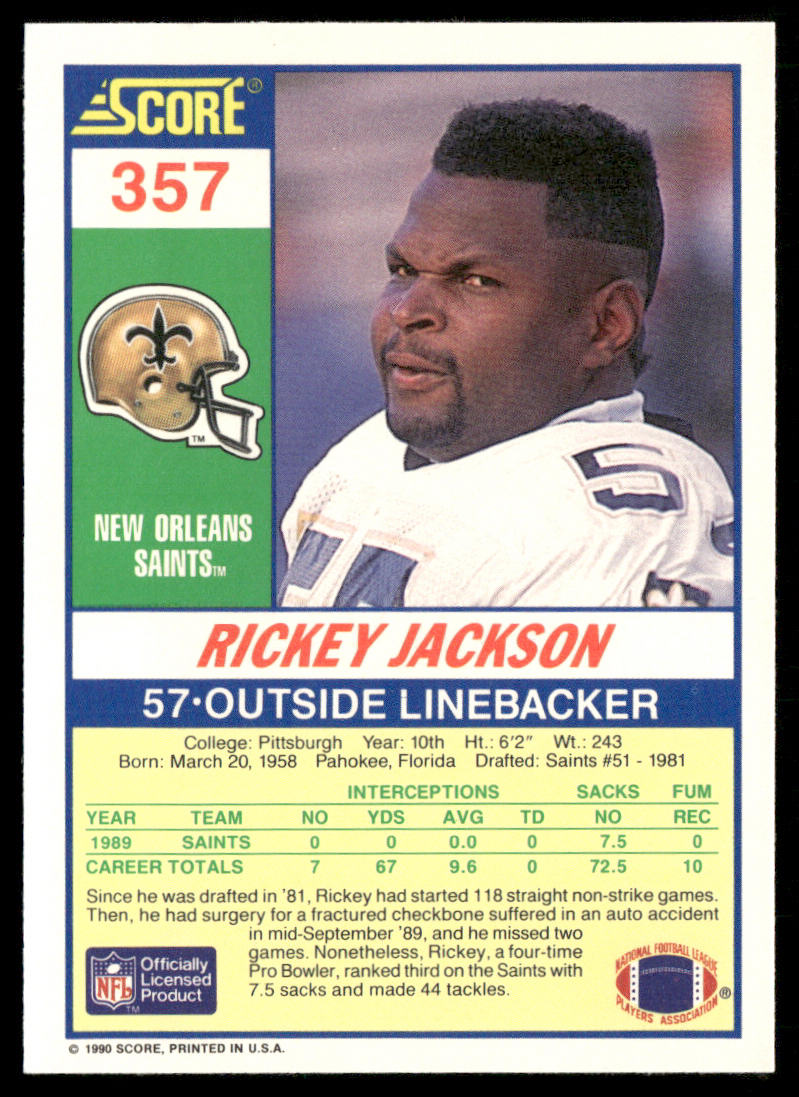Rickey Jackson 1990 Score #357 New Orleans Saints