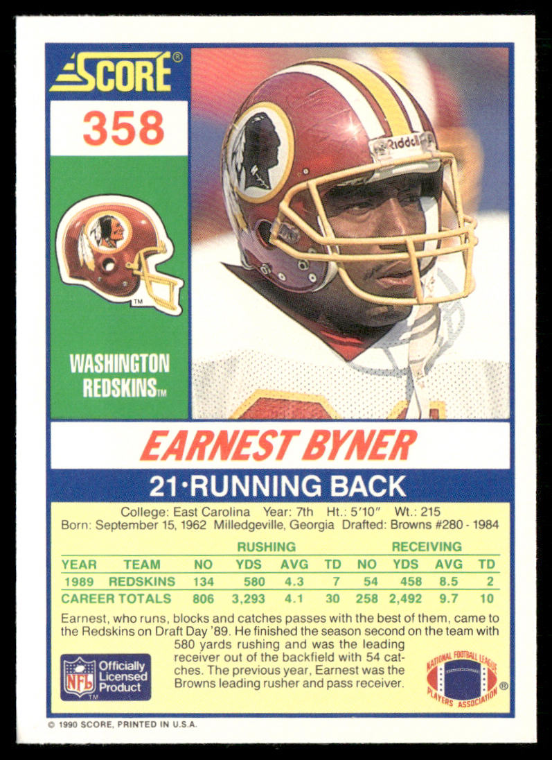 Earnest Byner 1990 Score #358 Washington Redskins