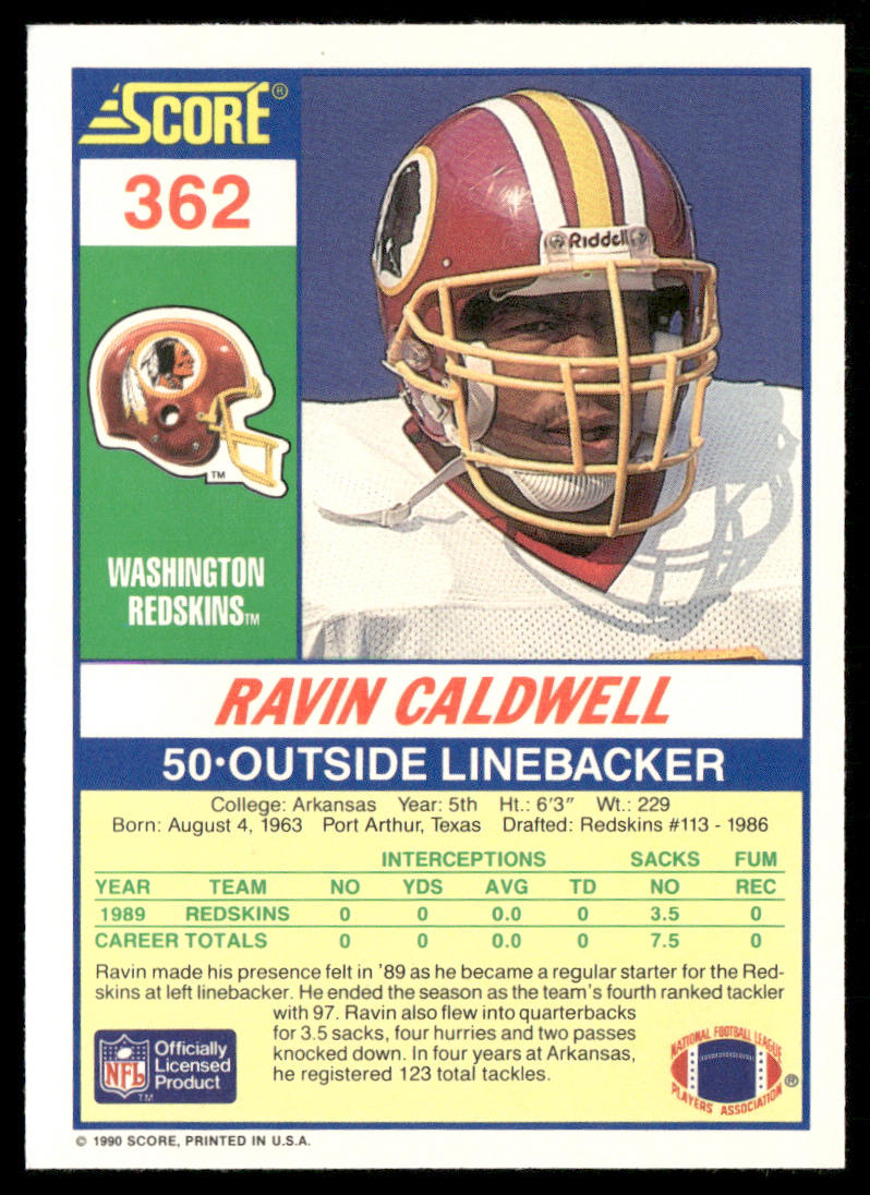 Ravin Caldwell 1990 Score #362 RC Washington Redskins