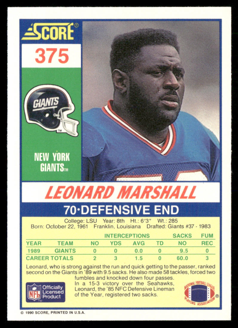 Leonard Marshall 1990 Score #375 New York Giants