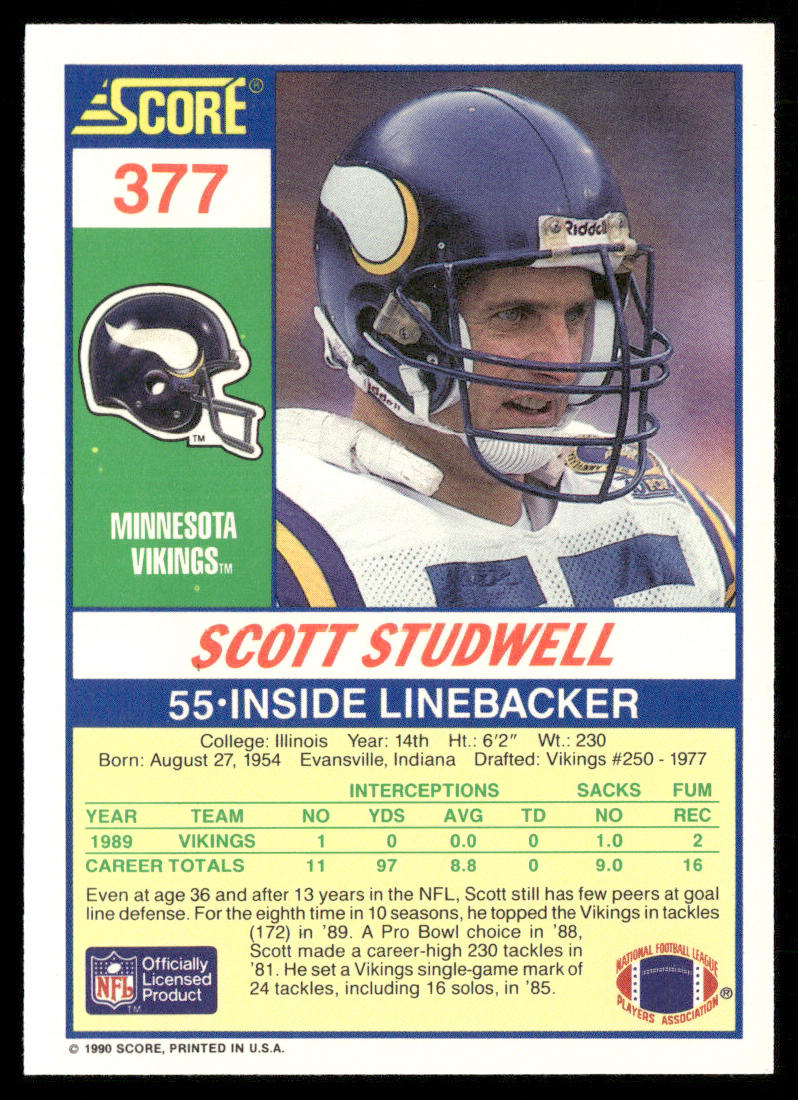 Scott Studwell 1990 Score #377 Minnesota Vikings