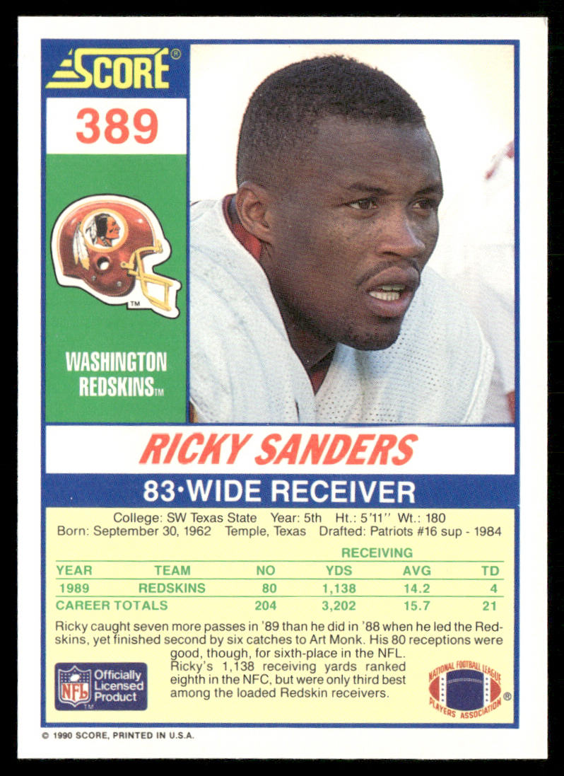Ricky Sanders 1990 Score #389 Washington Redskins
