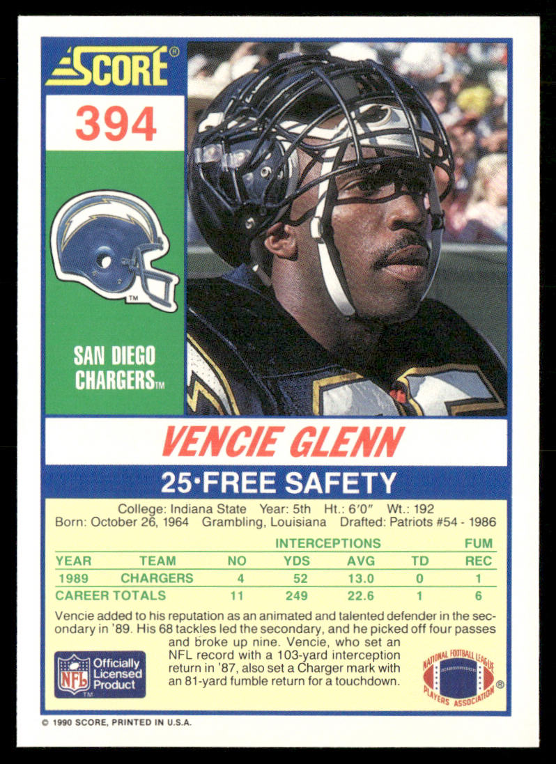 Vencie Glenn 1990 Score #394 San Diego Chargers