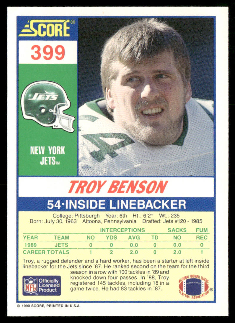 Troy Benson 1990 Score #399 New York Jets