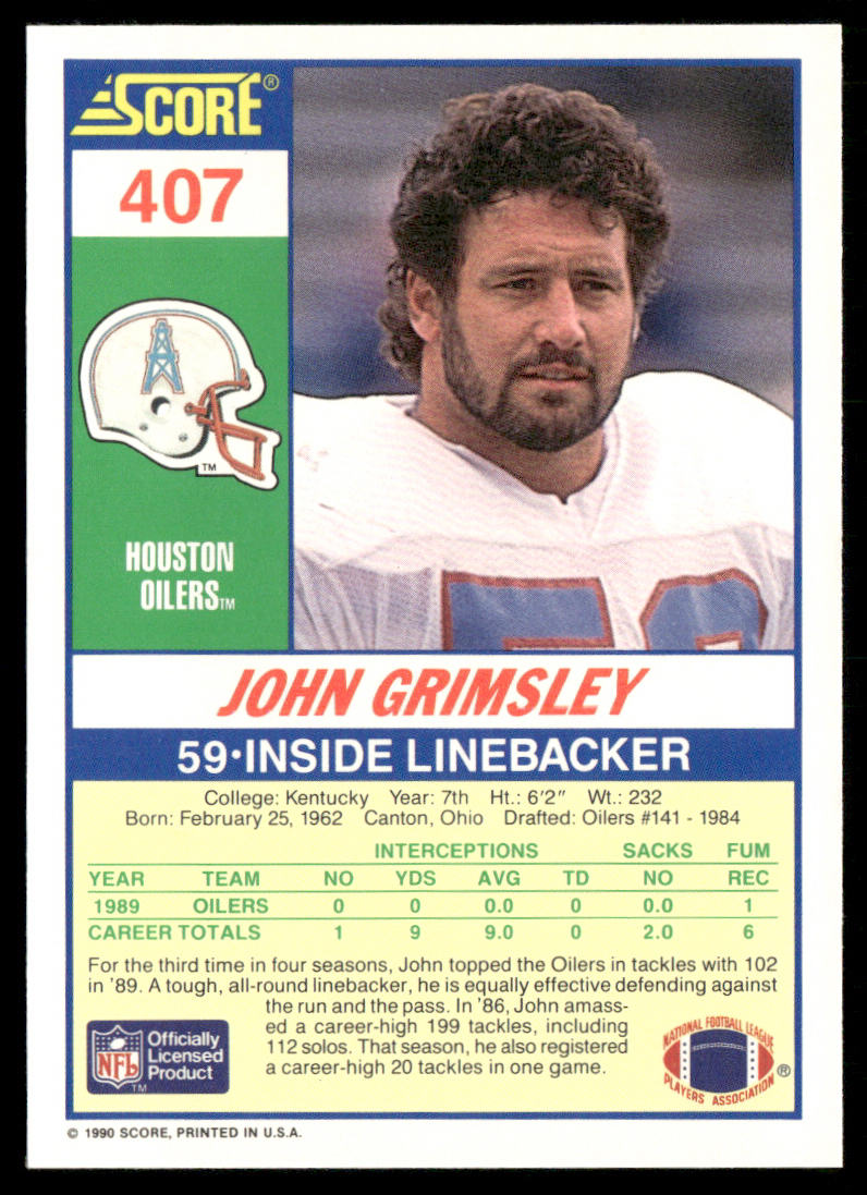 John Grimsley 1990 Score #407 Houston Oilers