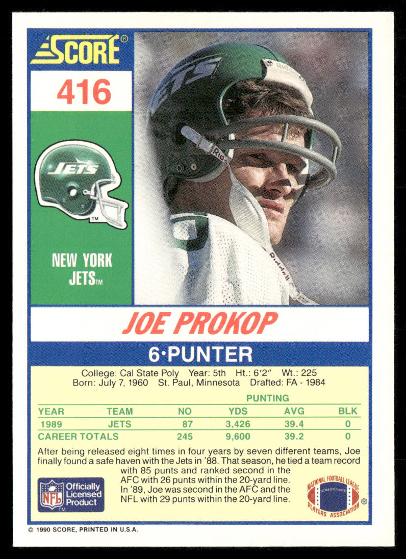 Joe Prokop 1990 Score #416 RC New York Jets