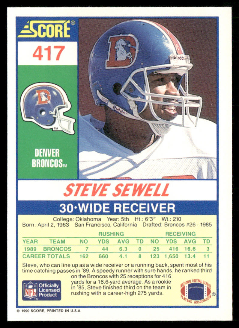 Steve Sewell 1990 Score #417 Denver Broncos
