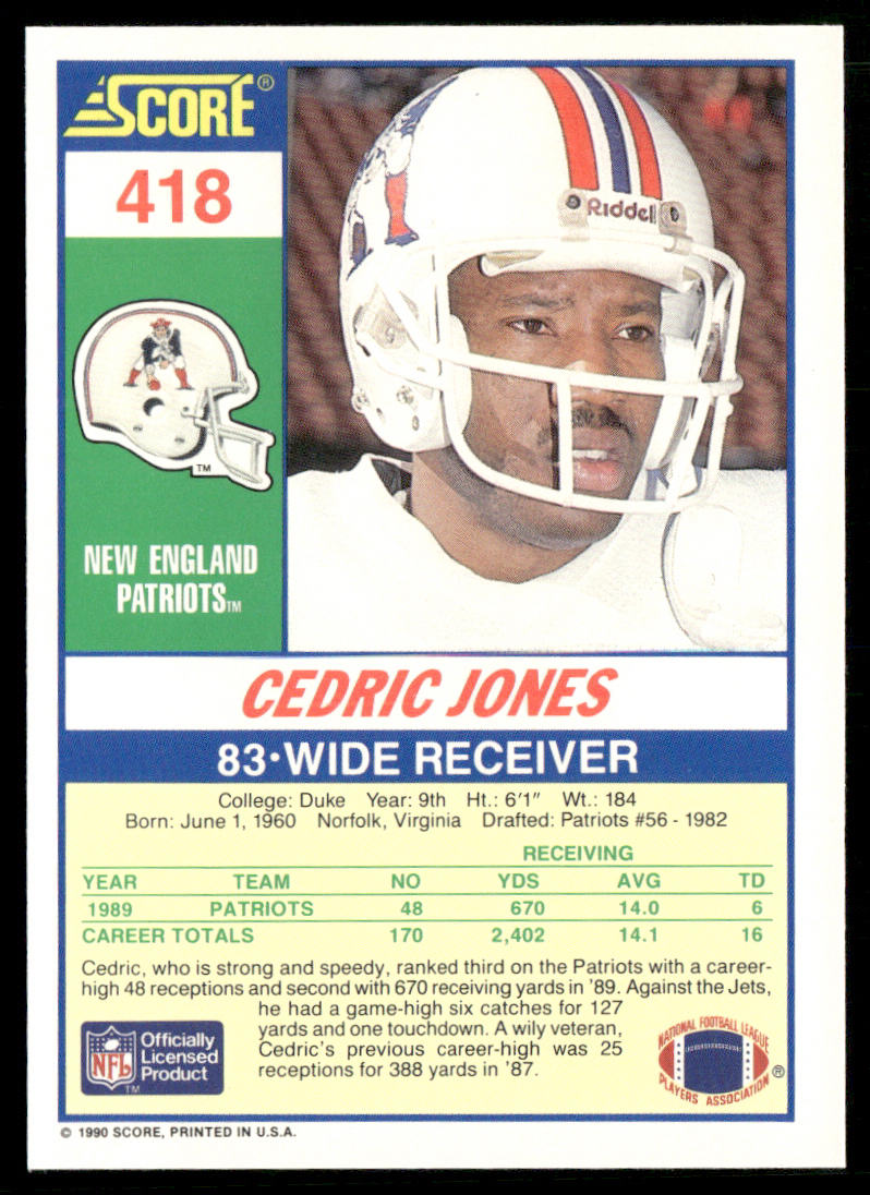 Cedric Jones 1990 Score #418 RC New England Patriots