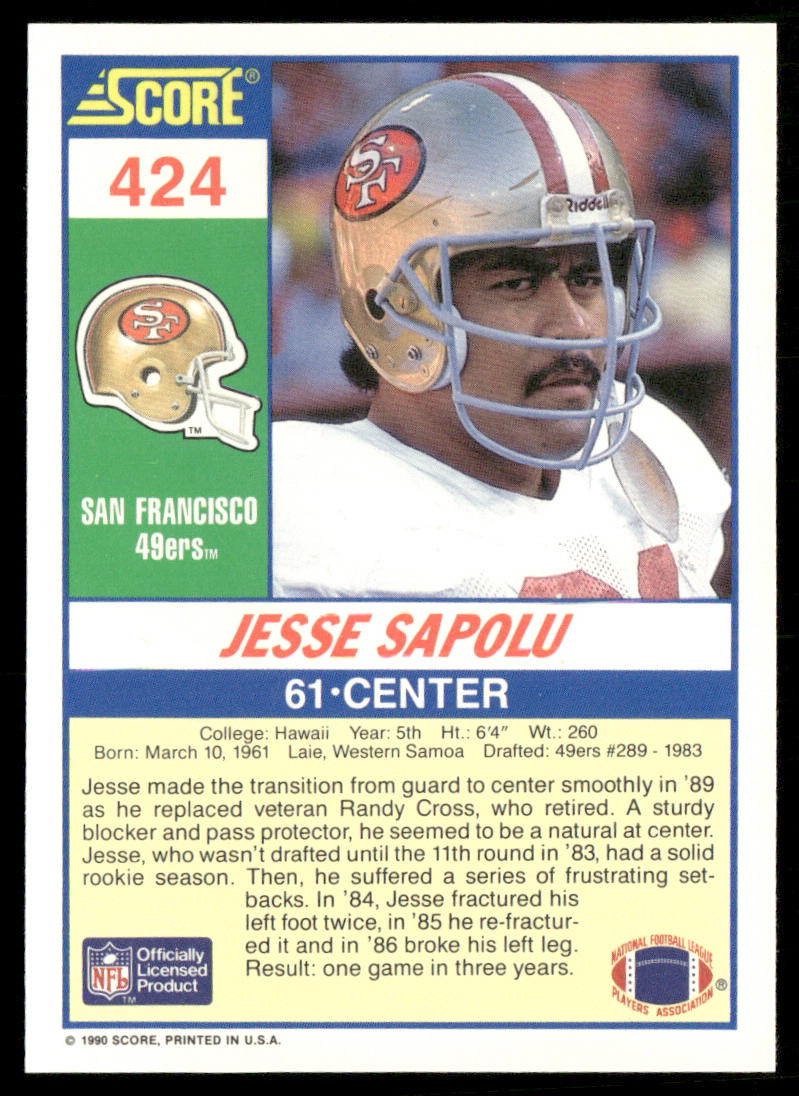Jesse Sapolu 1990 Score #424 RC San Francisco 49ers