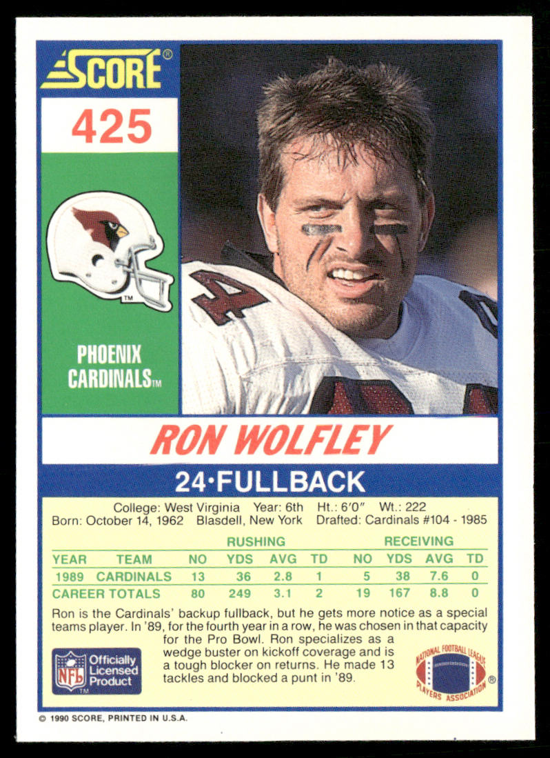 Ron Wolfley 1990 Score #425 Phoenix Cardinals